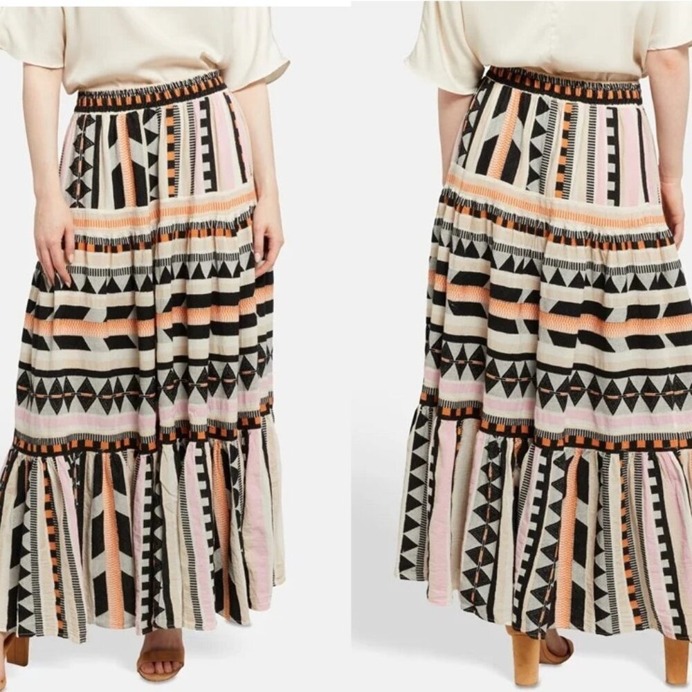 Devotion Twins Psarou Maxi Skirt Tiered Elastic Waist Black Orange Assorted - Picture 2 of 14